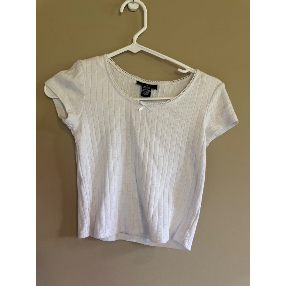 Just Polly New York White Pointelle Baby Tee Lace Trim Bow Top Small JK19481